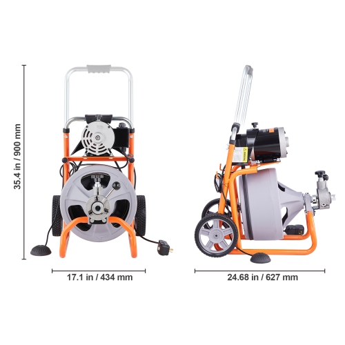 VEVOR Drain Cleaner Machine 75FT x 3/8 Inch, Auto Feed Sewer Snake Drain Auger on Wheels, Portable Drain Cleaning Machine with 8 Cutters &