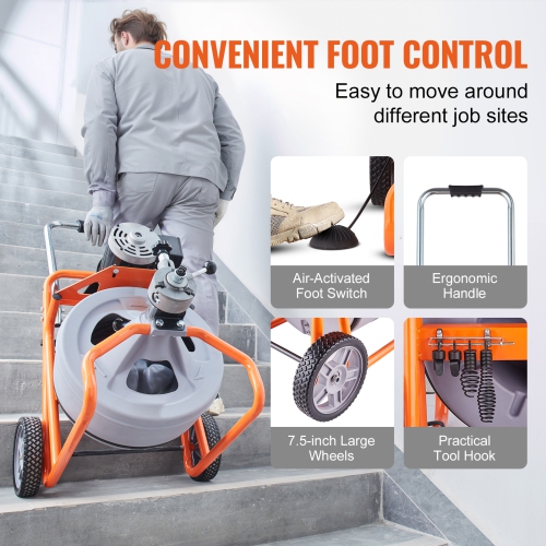 VEVOR Drain Cleaner Machine 75FT x 1/2 Inch, Auto Feed Sewer Snake Drain Auger on Wheels, Portable Drain Cleaning Machine with 8 Cutters &