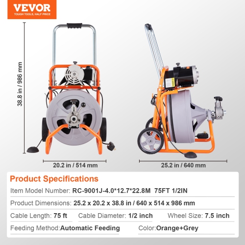 VEVOR Drain Cleaner Machine 75FT x 1/2 Inch, Auto Feed Sewer Snake Drain Auger on Wheels, Portable Drain Cleaning Machine with 8 Cutters &