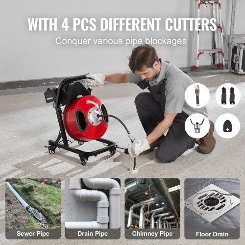 VEVOR Drain Cleaner Machine 50FT x 1/2 Inch, Manual Feed Sewer Snake Auger - with Wheels, 4 Cutters & Air-activated Foot Switch for 2" to 4" Pipes