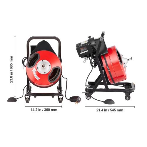 VEVOR Drain Cleaner Machine 50FT x 1/2 Inch, Manual Feed Sewer Snake Auger - with Wheels, 4 Cutters & Air-activated Foot Switch for 2" to 4" Pipes