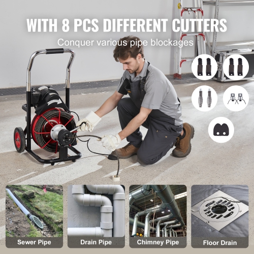 VEVOR Drain Cleaner Machine 100FT x 3/8 Inch, Auto Feed Sewer Snake Auger on Wheels, 370W Portable Drain Cleaning Machine with 8 Cutters &