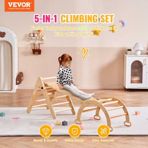 VEVOR Pikler Triangle Set, 5 in 1 Toddler Climbing Toys Indoor Playground, Ramp, and Arch, Montessori Climbing Set with Triangle, Medium Size Wooden