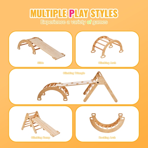 VEVOR Pikler Triangle Set, 5 in 1 Toddler Climbing Toys Indoor Playground, Ramp, and Arch, Montessori Climbing Set with Triangle, Medium Size Wooden