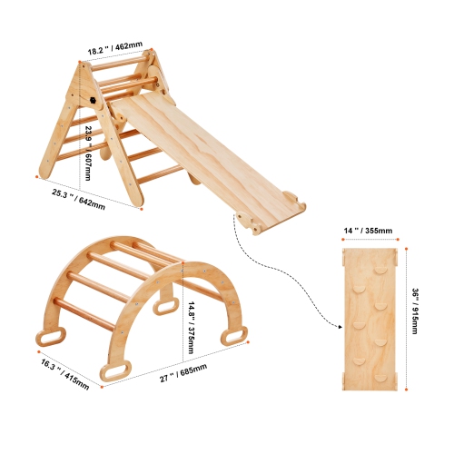VEVOR Pikler Triangle Set, 5 in 1 Toddler Climbing Toys Indoor Playground, Ramp, and Arch, Montessori Climbing Set with Triangle, Medium Size Wooden