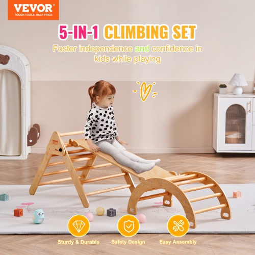 VEVOR Pikler Triangle Set, 5 in 1 Toddler Climbing Toys Indoor Playground, Ramp, and Arch, Montessori Climbing Set with Triangle, Large Size Wooden