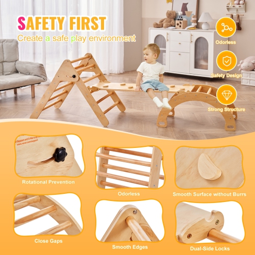VEVOR Pikler Triangle Set, 5 in 1 Toddler Climbing Toys Indoor Playground, Ramp, and Arch, Montessori Climbing Set with Triangle, Large Size Wooden