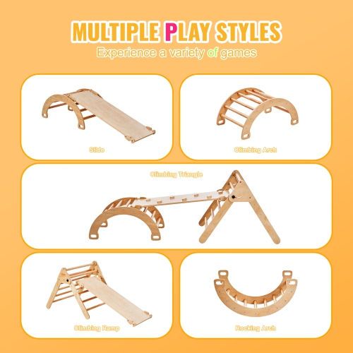 VEVOR Pikler Triangle Set, 5 in 1 Toddler Climbing Toys Indoor Playground, Ramp, and Arch, Montessori Climbing Set with Triangle, Large Size Wooden