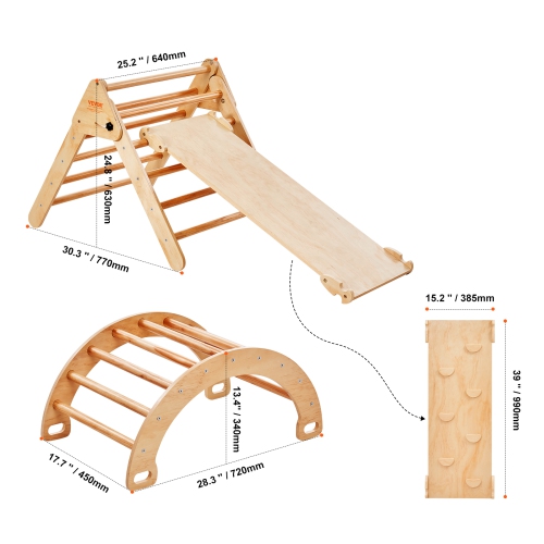 VEVOR Pikler Triangle Set, 5 in 1 Toddler Climbing Toys Indoor Playground, Ramp, and Arch, Montessori Climbing Set with Triangle, Large Size Wooden