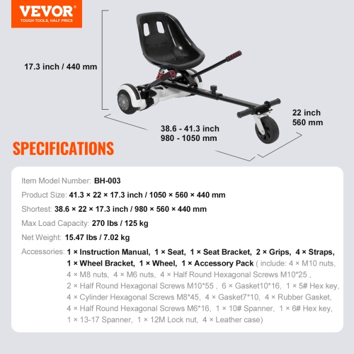 VEVOR Hoverboard Seat Attachment, for 6.5" 8" 8.5" 10" Hoverboards, Dual Shock Absorption System, Grips Control, Adjustable Length 270 LBS load