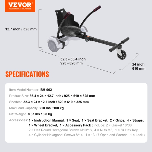VEVOR Hoverboard Seat Attachment, for 6.5" 8" 8.5" 10" Hoverboards, with LED Lights, Grips Control, Adjustable Frame Length and 220 LBS Load Capacity