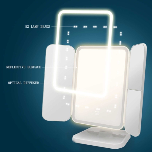 Miroir de maquillage à trois volets avec lumières, miroir de maquillage lumineux haute définition portatif, miroir grossissant lumineux 1x/2x/3x