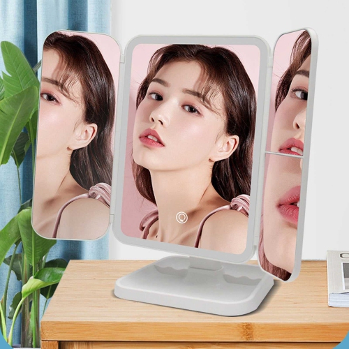 Miroir de maquillage à trois volets avec lumières, miroir de maquillage lumineux haute définition portatif, miroir grossissant lumineux 1x/2x/3x