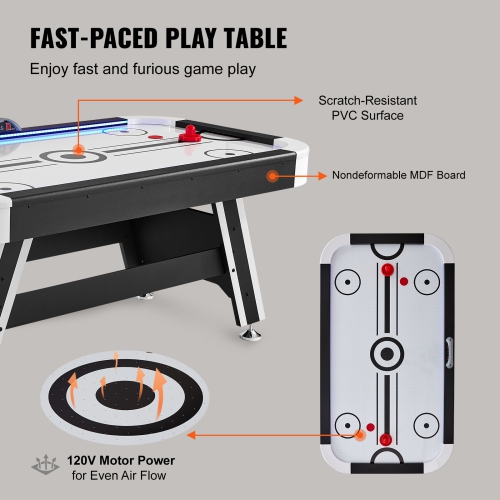 VEVOR 72" Air-Powered Hockey Table, Indoor Hockey Table for Kids and Adults, LED Sports Hockey Game with 2 Pucks, 2 Pushers, and Electronic Score