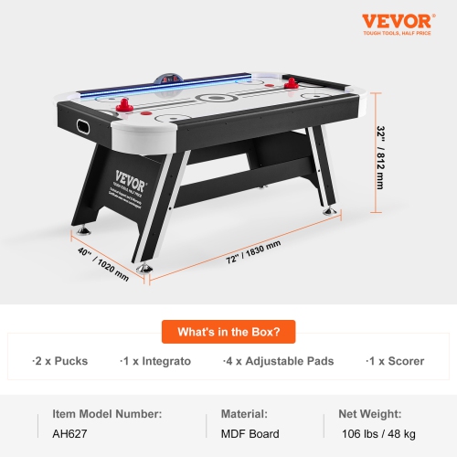 VEVOR 72" Air-Powered Hockey Table, Indoor Hockey Table for Kids and Adults, LED Sports Hockey Game with 2 Pucks, 2 Pushers, and Electronic Score