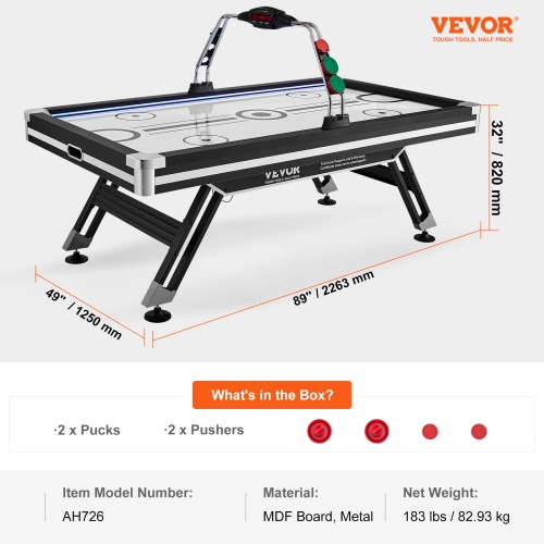VEVOR 89" Air-Powered Hockey Table, Indoor Hockey Table for Kids and Adults, LED Sports Hockey Game with 2 Pucks, 2 Pushers, and Electronic Score