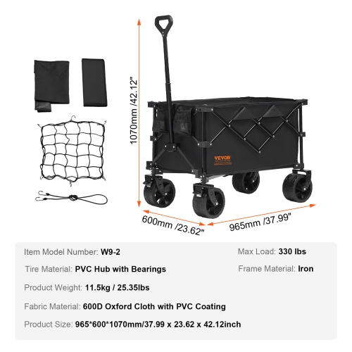 VEVOR Collapsible Folding Wagon, 220 L Beach Wagon Cart with All-Terrain Wheels, Heavy Duty Folding Wagon Cart Max 330 lbs with Drink Holders, Sports
