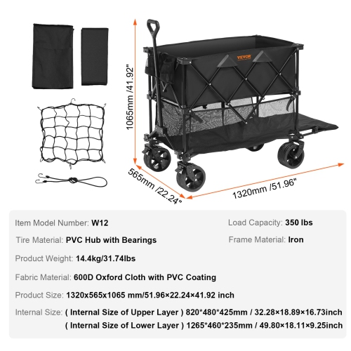 VEVOR Foldable Double Decker Wagon, 400L Collapsible Wagon Cart with All-Terrain Wheels, Heavy Duty Folding Wagon Cart 350 lbs Weight Capacity