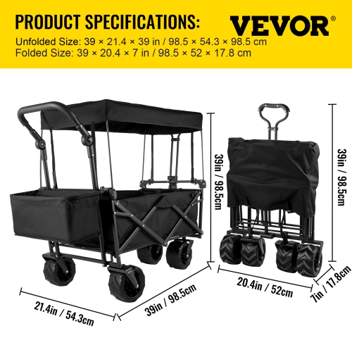 VEVOR Extra Large Collapsible Garden Cart with Removable Canopy, Folding Wagon Utility Carts with Wheels and Rear Storage, Wagon Cart