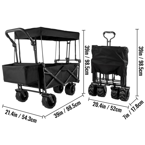 VEVOR Extra Large Collapsible Garden Cart with Removable Canopy, Folding Wagon Utility Carts with Wheels and Rear Storage, Wagon Cart