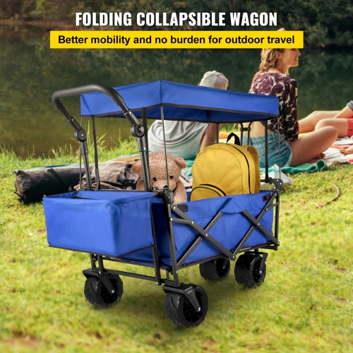 VEVOR Extra Large Collapsible Garden Cart with Removable Canopy, Folding Wagon Utility Carts with Wheels and Rear Storage, Wagon Cart