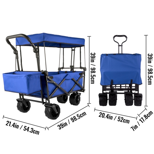 VEVOR Extra Large Collapsible Garden Cart with Removable Canopy, Folding Wagon Utility Carts with Wheels and Rear Storage, Wagon Cart