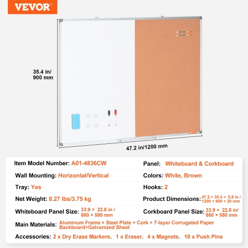 Ensemble tableau blanc et tableau en liège de 48 x 36&nbsp;po avec cadre en aluminium de VEVOR – Tableau magnétique effaçable à sec 2-en-1 pour moule