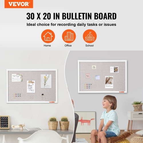 VEVOR 30"x20" White Cork Board with Linen Surface – Stylish Wall-Mounted Bulletin Board for Home, School,