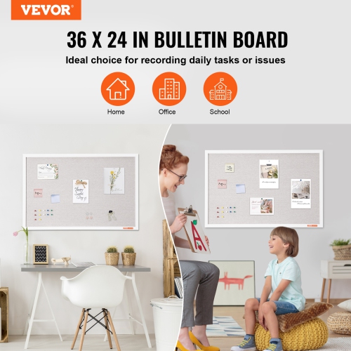 VEVOR 36"x24" White Cork Board with Linen Surface – Stylish Wall-Mounted Bulletin Board for Home, School, Office