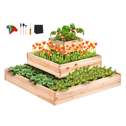 VEVOR Raised Garden Bed, 3.7 x 3.7 x 1.7 ft Wooden Planter Box, Outdoor Planting Boxes with Open Base, for Growing Flowers/Vegetables/Herbs