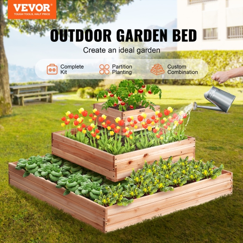 VEVOR Raised Garden Bed, 3.7 x 3.7 x 1.7 ft Wooden Planter Box, Outdoor Planting Boxes with Open Base, for Growing Flowers/Vegetables/Herbs