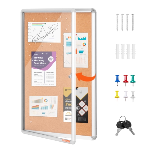 Image 1 of 9.. VEVOR 36"x24" Enclosed Cork Board with Aluminum Frame – Lockable Bulletin Board with Acrylic Door & 2 Keys