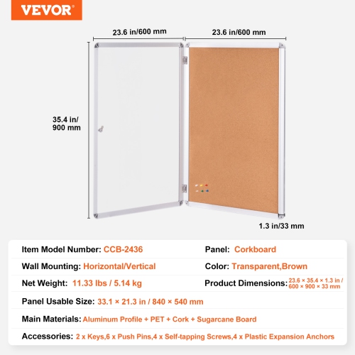 Tableau en liège fermé de 36 x 24&nbsp;po avec cadre en aluminium VEVOR – Tableau d'affichage verrouillable avec porte en acrylique et 2 clés