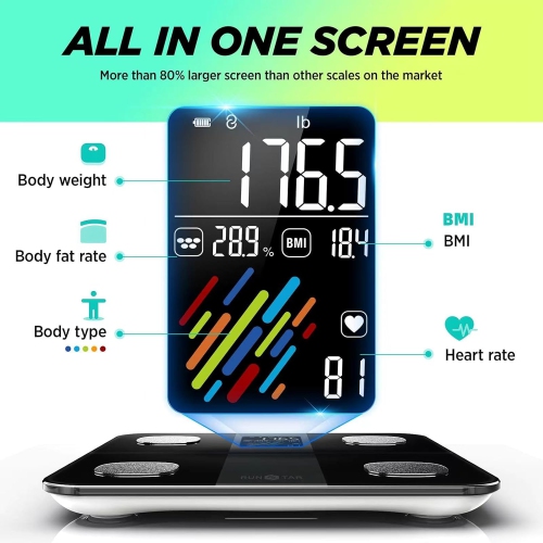 Runstar Smart Scale for Body Weight and Fat Percentage, High Accuracy Digital Bathroom Scale with Large Display for BMI Heart Rate 15 Body