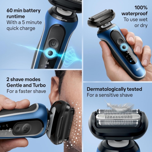 Braun Electric Shaver for Men, Series 6 6120s, Wet & Dry Shave, , Foil Shaver, Engineered in Germany, With Precision Trimmer & Pouch, Blue -