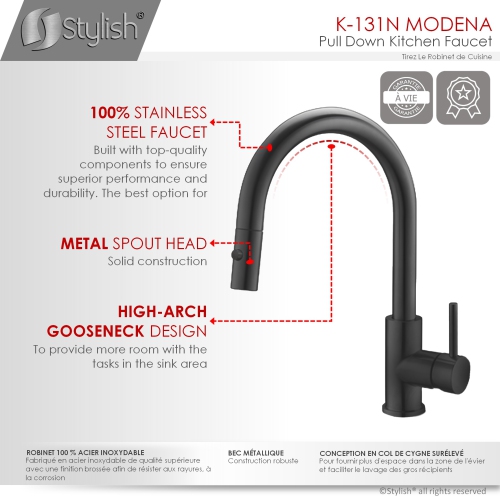 STYLISH Pull Down Kitchen Faucet + Cold Water Tap - Matte Black Finish