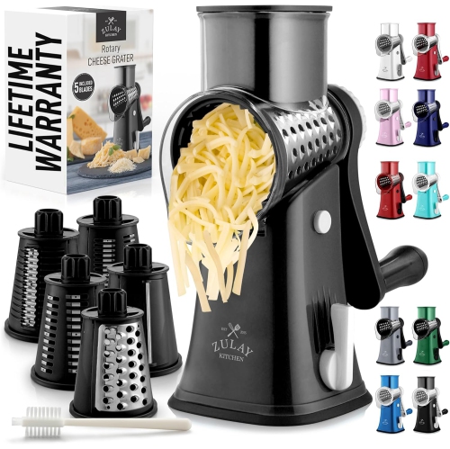Râpe rotative à fromage à 5 lames de Zulay Kitchen - Râpe manuelle à manivelle pour fromage avec succion renforcée et 5 tambours interchangeables - F