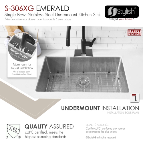 Stylish Undermount 28 inch Stainless Steel 16 G Single Bowl Kitchen Sink with Grid S-306XG
