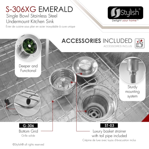 Stylish Undermount 28 inch Stainless Steel 16 G Single Bowl Kitchen Sink with Grid S-306XG