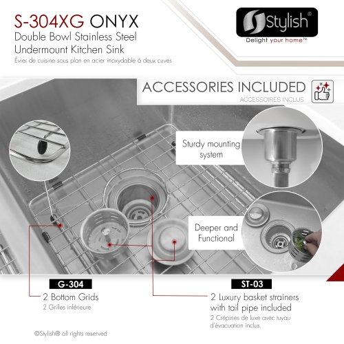 Stylish Undermount 30 inch Stainless Steel Double Bowl Kitchen Sink with Grid S-304XG