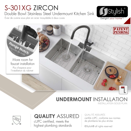 Stylish Undermount 32 inch Stainless Steel 16 G Double Bowl Kitchen Sink with Grids S-301XG