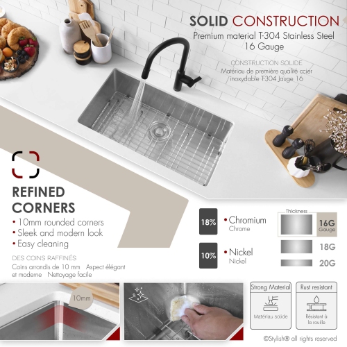 Stylish Undermount 30 inch Stainless Steel 16 G Single Bowl Kitchen Sink S-311XG