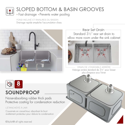 Stylish Undermount 32 inch Stainless Steel 18G Double Bowl Kitchen Sink S-301G