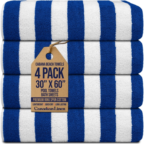 Canadian Linen Cabana Stripe Beach Towels Set, 4 Pack, 30"x60" Lightweight Quick Dry Soft Absorbent Cotton Large Pool Towels for Home, Sports, Blue