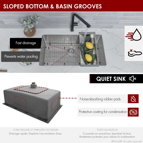 Stylish Dual-Mount 31" Single-Bowl Stainless Steel Kitchen Sink with Grid and Strainer S-402G