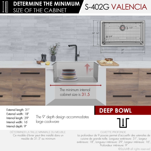 Stylish Dual-Mount 31" Single-Bowl Stainless Steel Kitchen Sink with Grid and Strainer S-402G