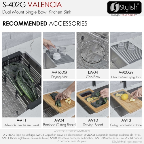 Stylish Dual-Mount 31" Single-Bowl Stainless Steel Kitchen Sink with Grid and Strainer S-402G