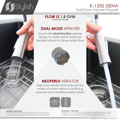 Stylish Single Handle Brushed Stainless Steel Pull Down Kitchen Faucet K-135S