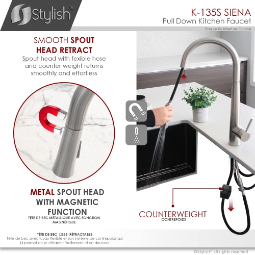 Stylish Single Handle Brushed Stainless Steel Pull Down Kitchen Faucet K-135S