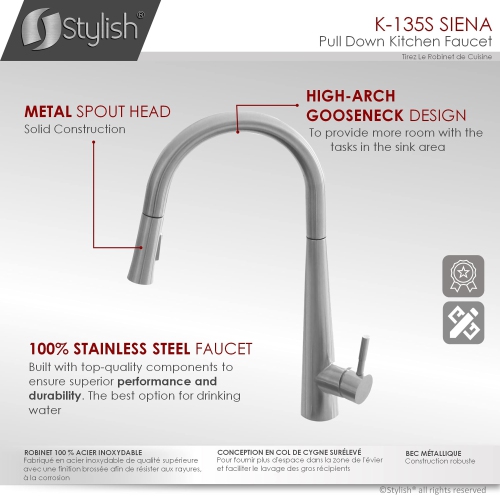 Stylish Single Handle Brushed Stainless Steel Pull Down Kitchen Faucet K-135S